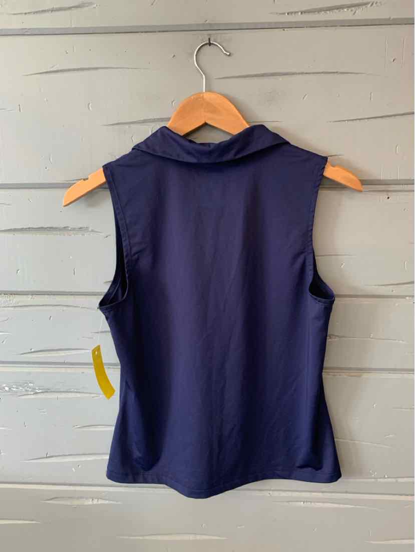 Navy sleeveless blouse with a relaxed fit and a soft collar on a wooden hanger.