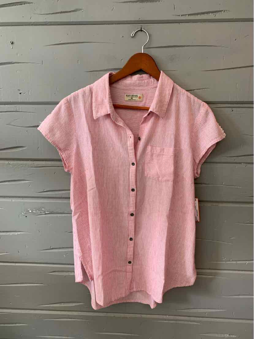 Light pink short-sleeve button-up shirt with subtle horizontal stripe pattern and a chest pocket.