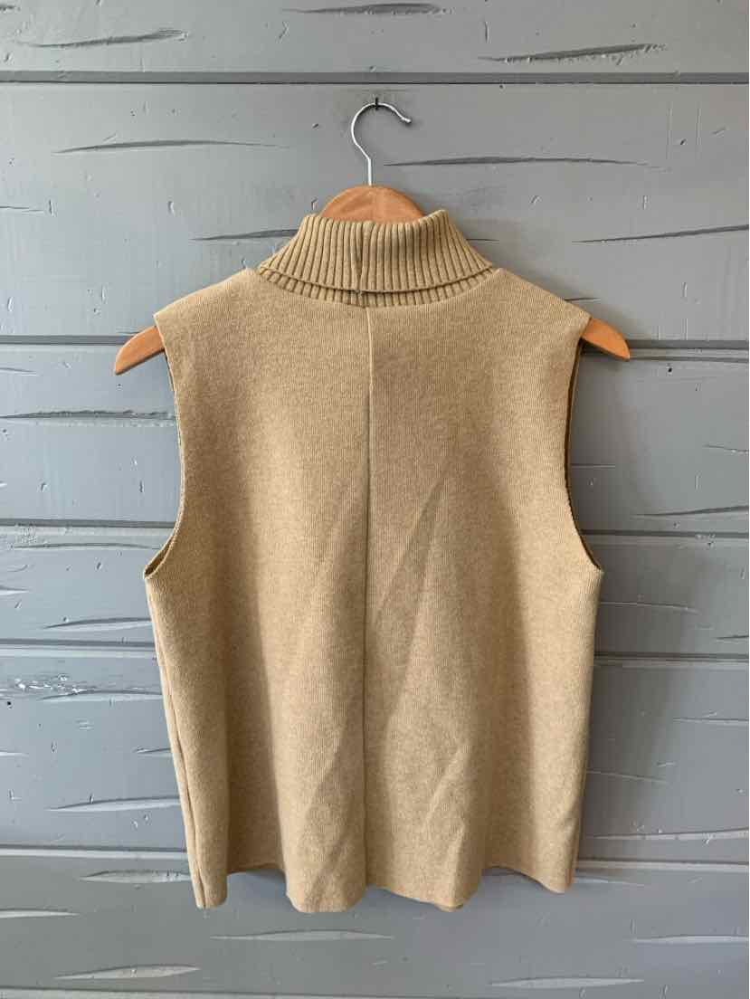 Tan sleeveless knit turtleneck sweater with ribbed collar in medium size.