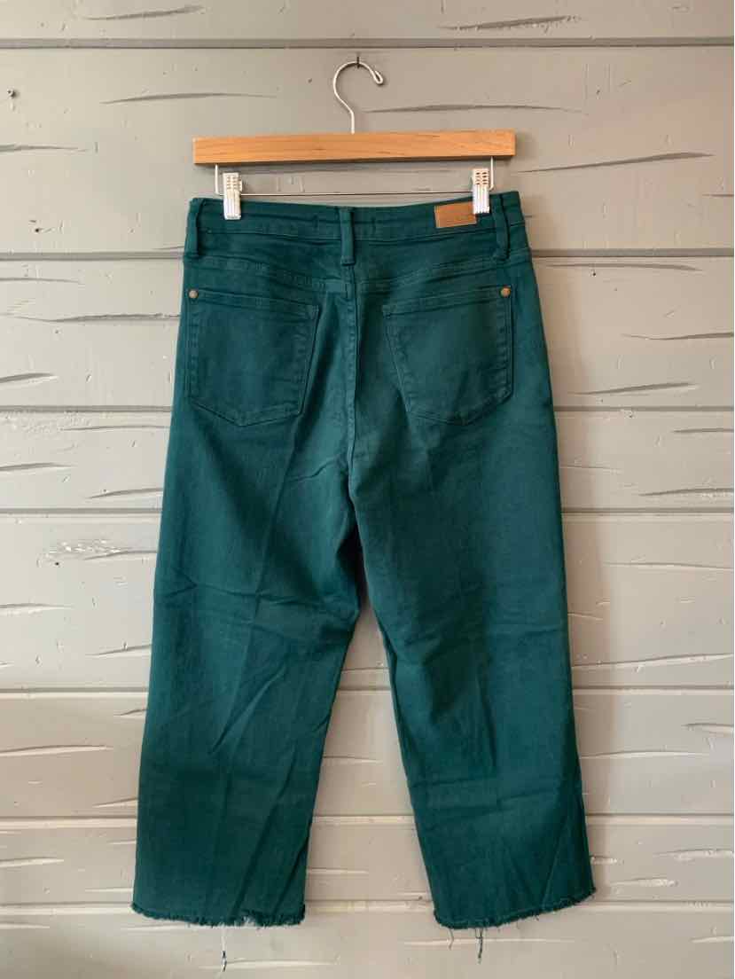 Teal straight-leg pants with back pockets hanging on wooden hanger against gray wall.