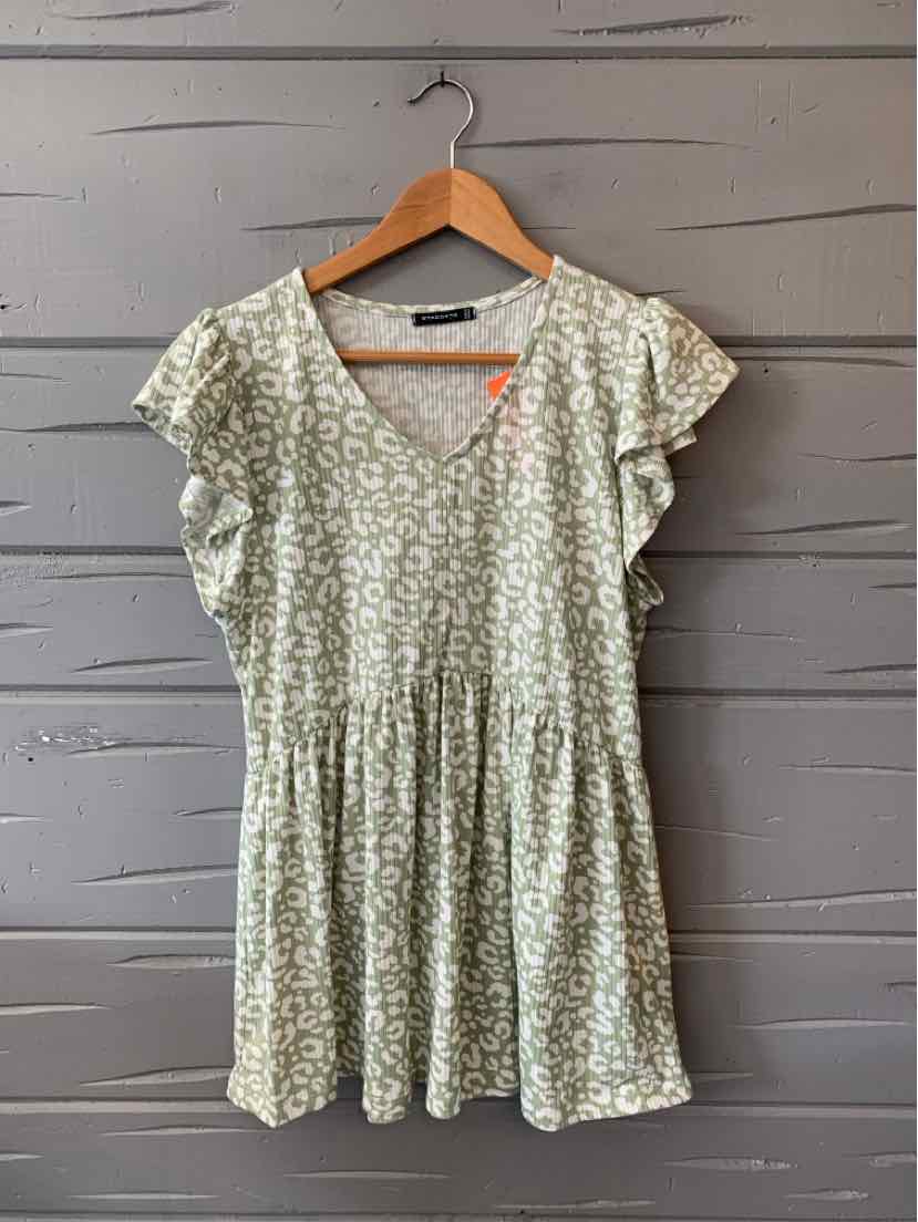 Light green short-sleeve dress with small white floral print and gathered waist, size large.