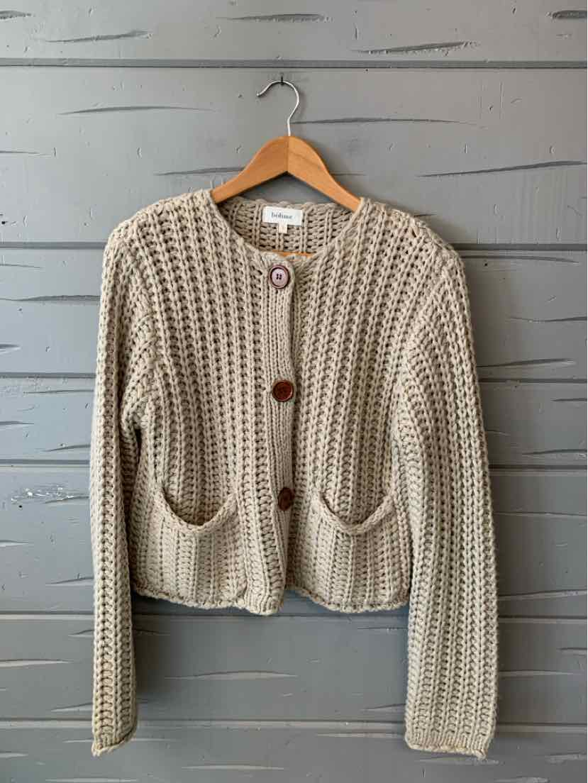 Taupe chunky knit cardigan with large brown buttons and front pockets, size small.