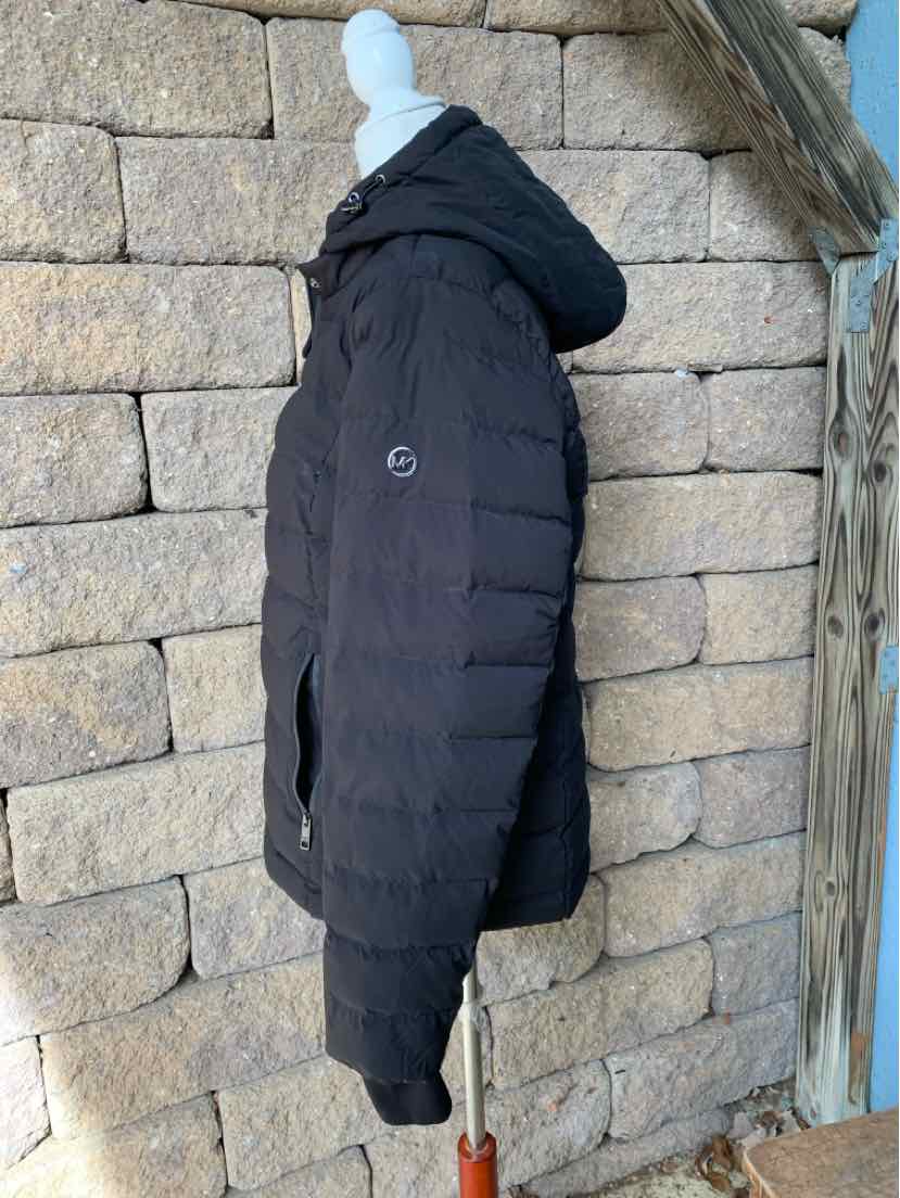 Black Michael Kors long puffer coat with a hood and quilted padding.