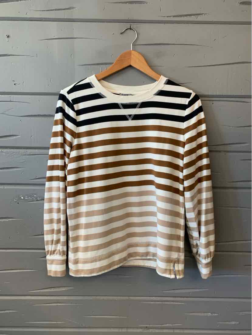 Women’s Talbots long-sleeve crewneck top with horizontal black, tan, and white stripes.