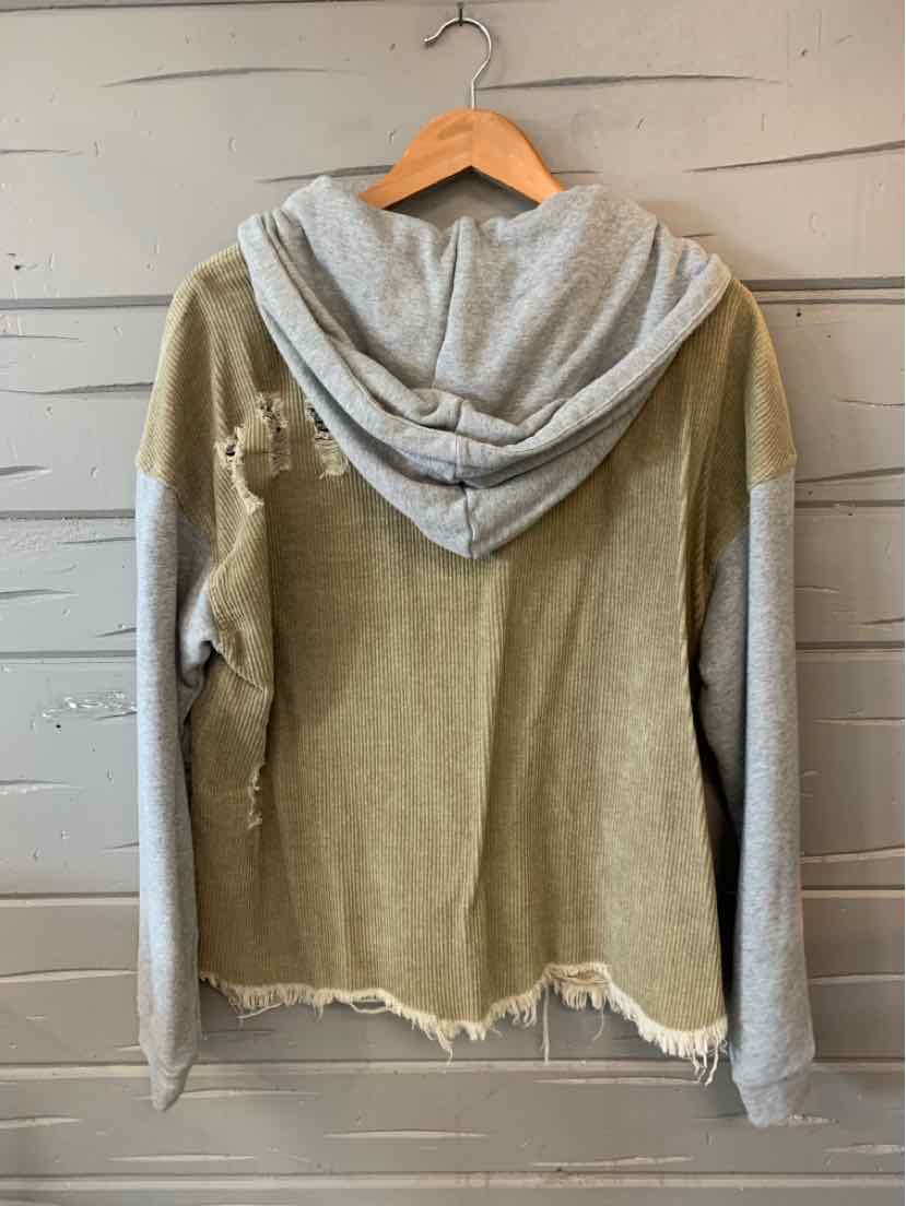 Green corduroy jacket with gray hood and sleeves, raw hem and relaxed fit, size 1X.