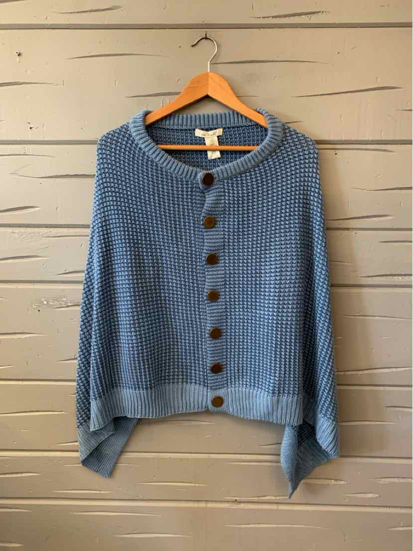 Blue textured knit cardigan with a relaxed fit, wide sleeves, and brown front buttons.