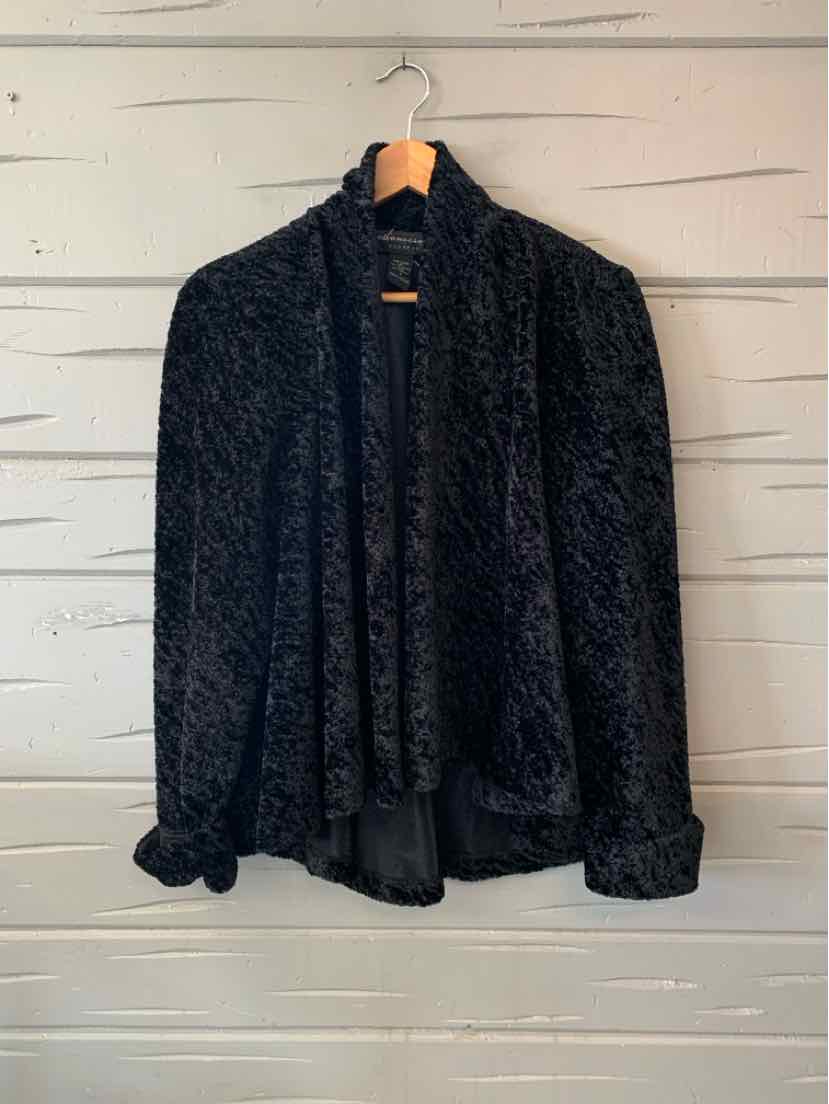 Black textured open-front cardigan with long sleeves and a soft, draped silhouette.