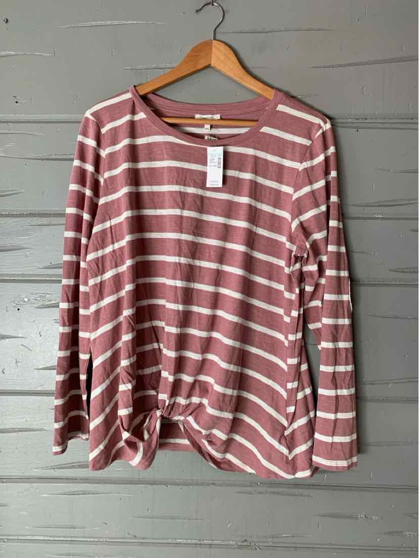 Mauve long-sleeve T-shirt with white horizontal stripes, crew neck, size XXL.