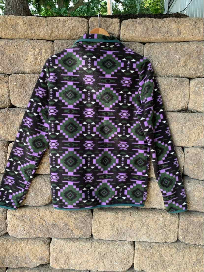 Long-sleeve jacket with black base and purple Aztec-inspired geometric pattern, medium size.