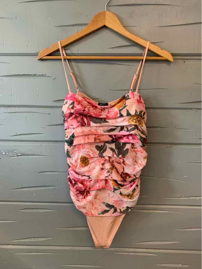 Pink floral print ruched one-piece swimsuit with thin adjustable shoulder straps.