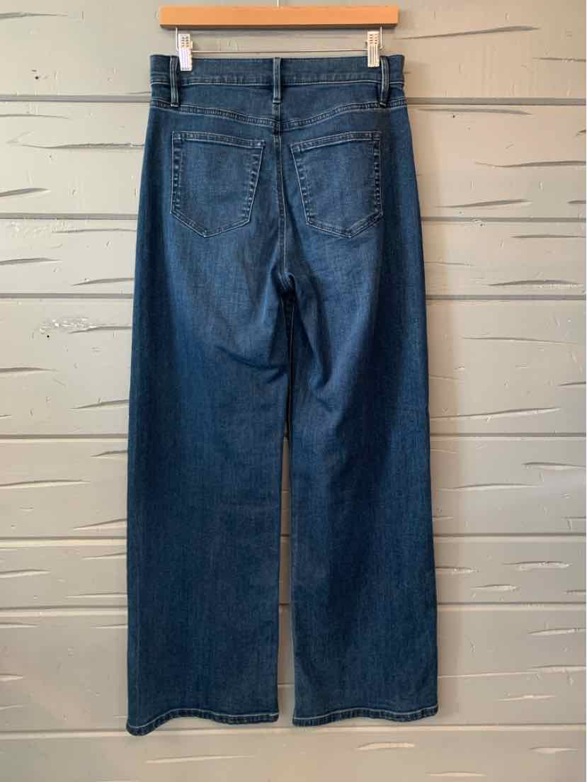 Dark blue straight-leg denim jeans with back pockets and visible stitching, size 4.