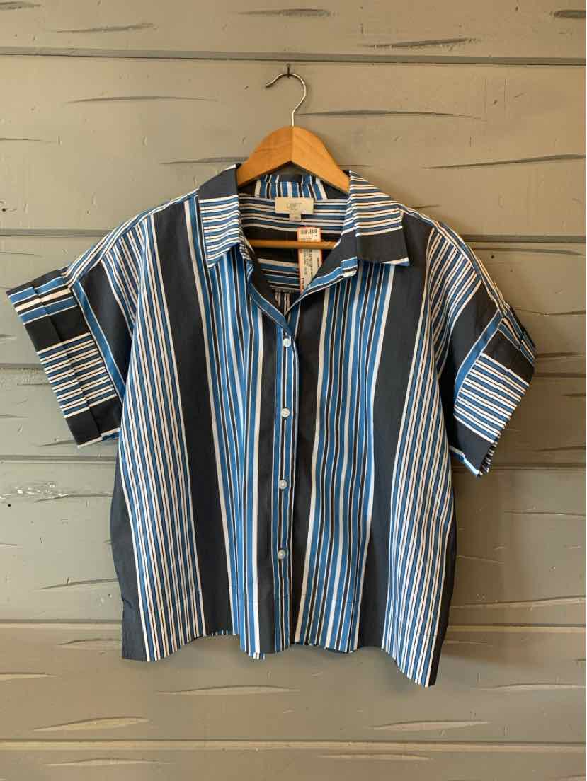 Short-sleeve button-up shirt with vertical blue, white, and black stripes and a relaxed fit.