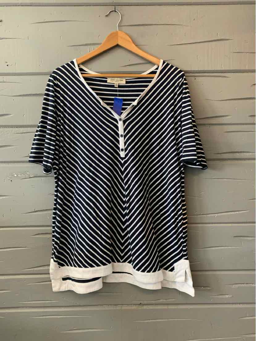 Navy and white striped V-neck short sleeve blouse with white hem detail, size 1X.