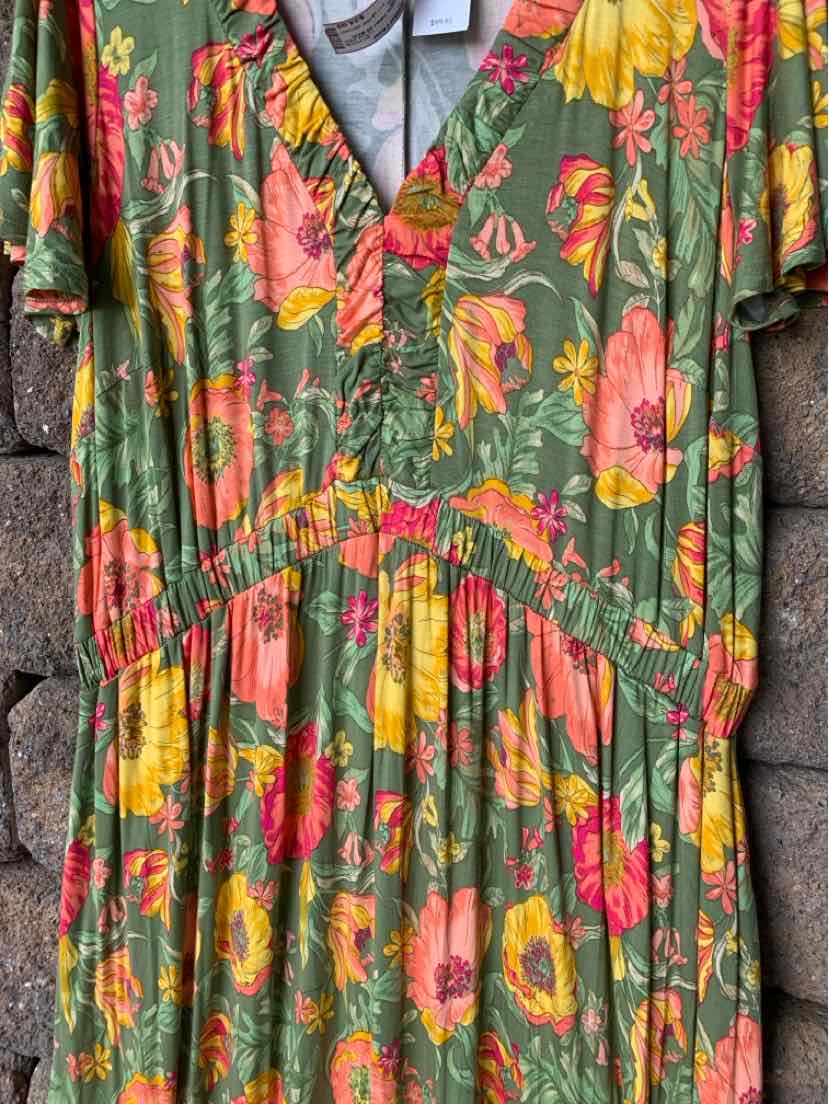 Plus-size green floral dress with short sleeves and gathered waist detailing.