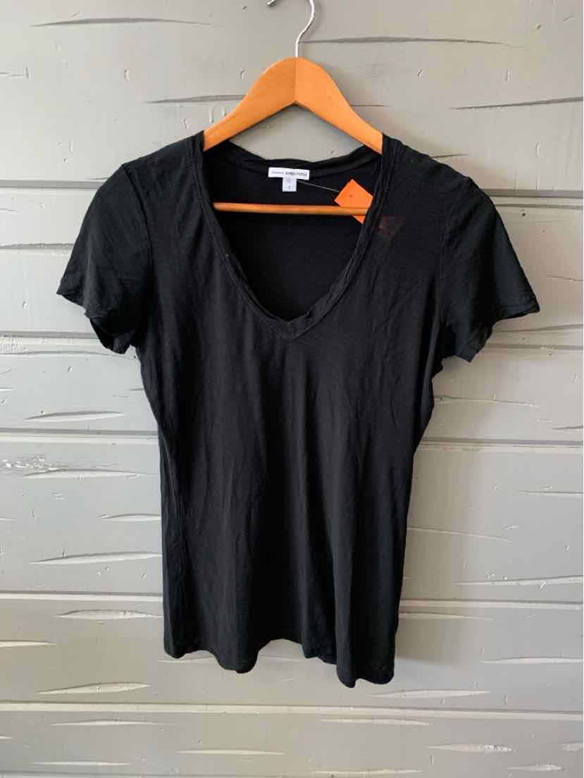 Black short-sleeve V-neck T-shirt with a slightly worn neckline on a wooden hanger.