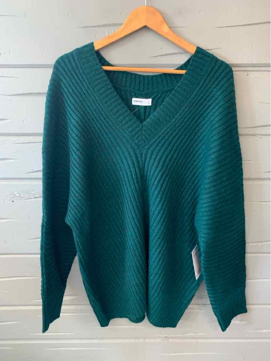 Teal green ribbed knit V-neck sweater with long sleeves and relaxed fit, size 1X.