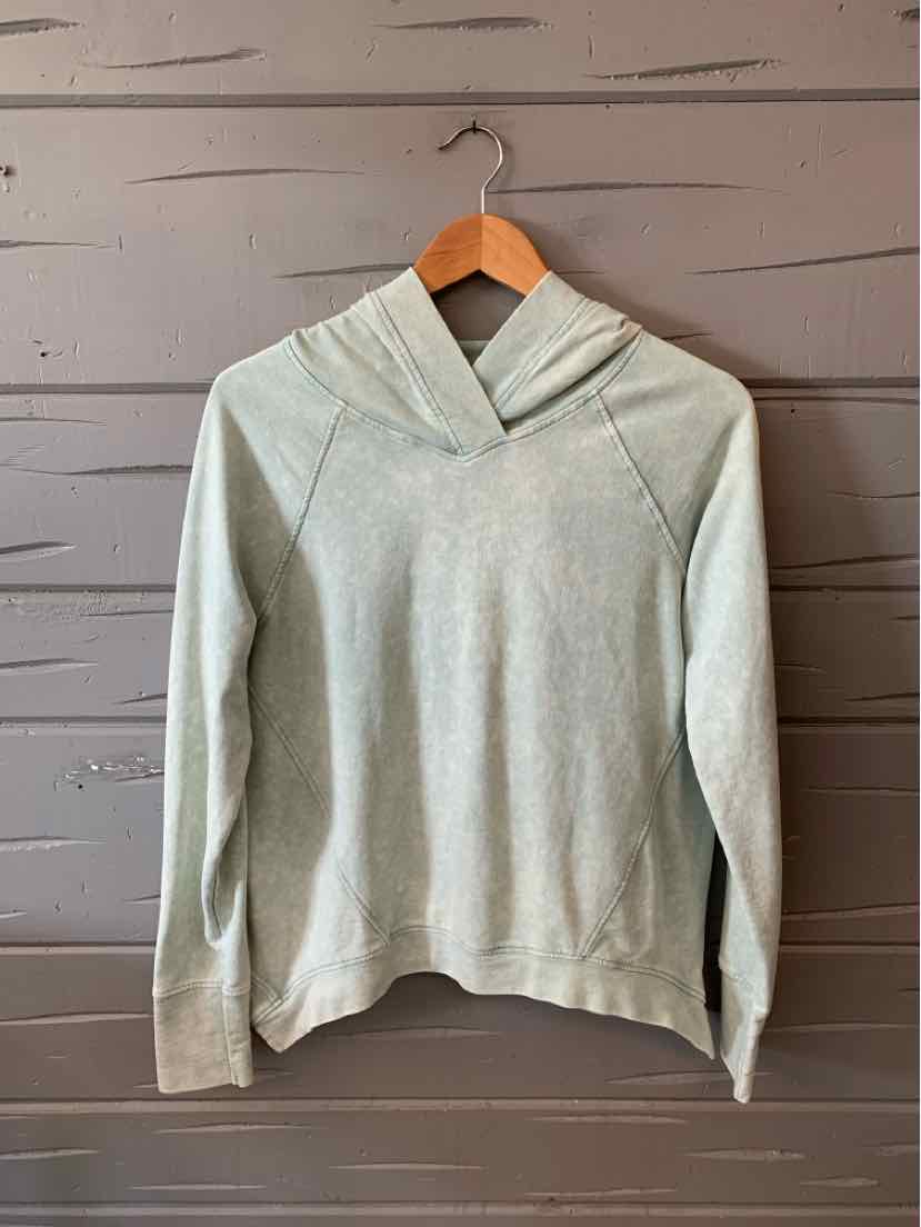 Light gray pullover hoodie with front kangaroo pocket and ribbed cuffs, size small.