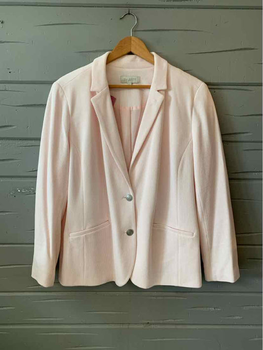 Light pink tailored blazer with two buttons and notched lapels, size 16, smooth fabric.