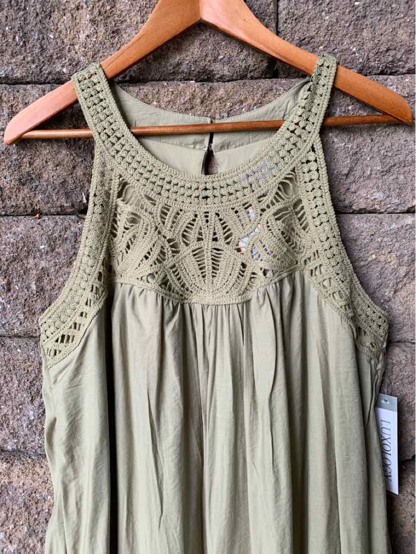 Olive green sleeveless dress with crochet lace yoke and gathered fabric below neckline, size XL.