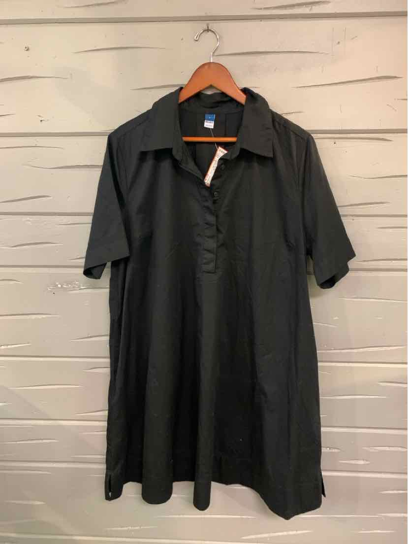 Black short-sleeve collared dress with a buttoned placket and loose fit, size large.