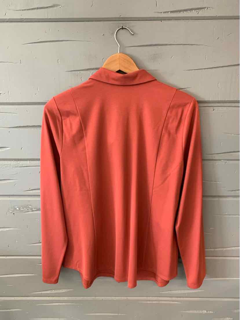 Brick red long-sleeve blouse with soft fabric and a classic collar, size medium.