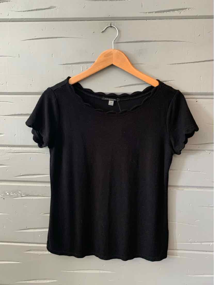 Black short-sleeve women's top with scalloped edges, crew neckline, and soft fabric, size medium.