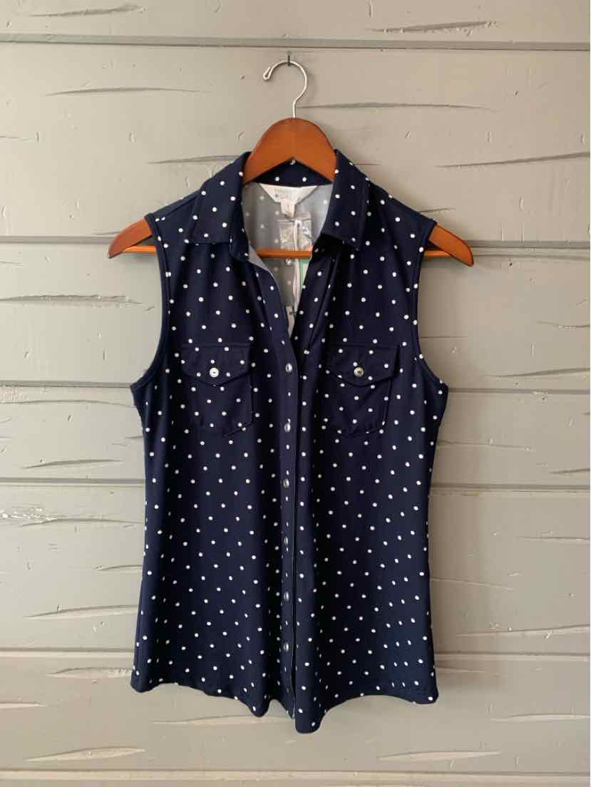 Navy blue sleeveless vest with white polka dots and front zipper closure.