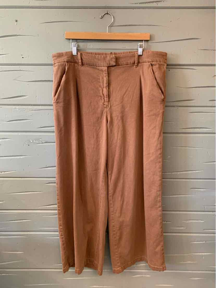Light brown wide-leg pants with front pockets and belt loops, size 18, casual style.