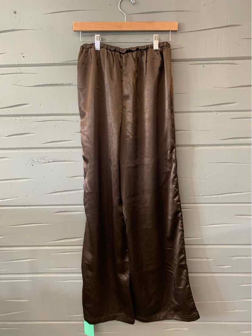 Brown satin wide-leg pants with elastic waistband, size 6, hanging on wooden hanger.