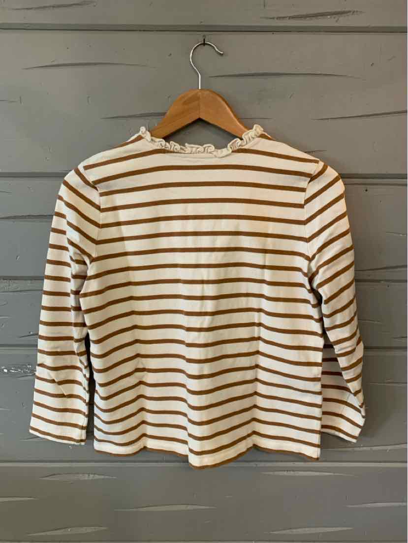 Long-sleeve cream top with horizontal brown stripes and a ruffled high neckline.
