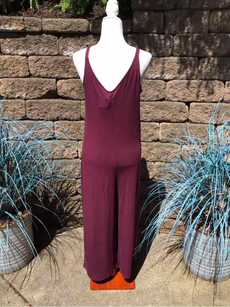 Burgundy sleeveless jumpsuit with deep V-back and wide-leg pants on a mannequin outdoors.