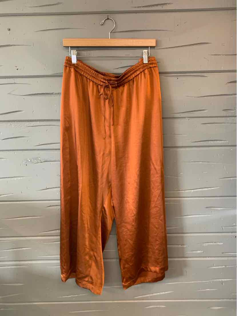 Orange wide-leg satin pants with elastic waistband and drawstring, size 2X.