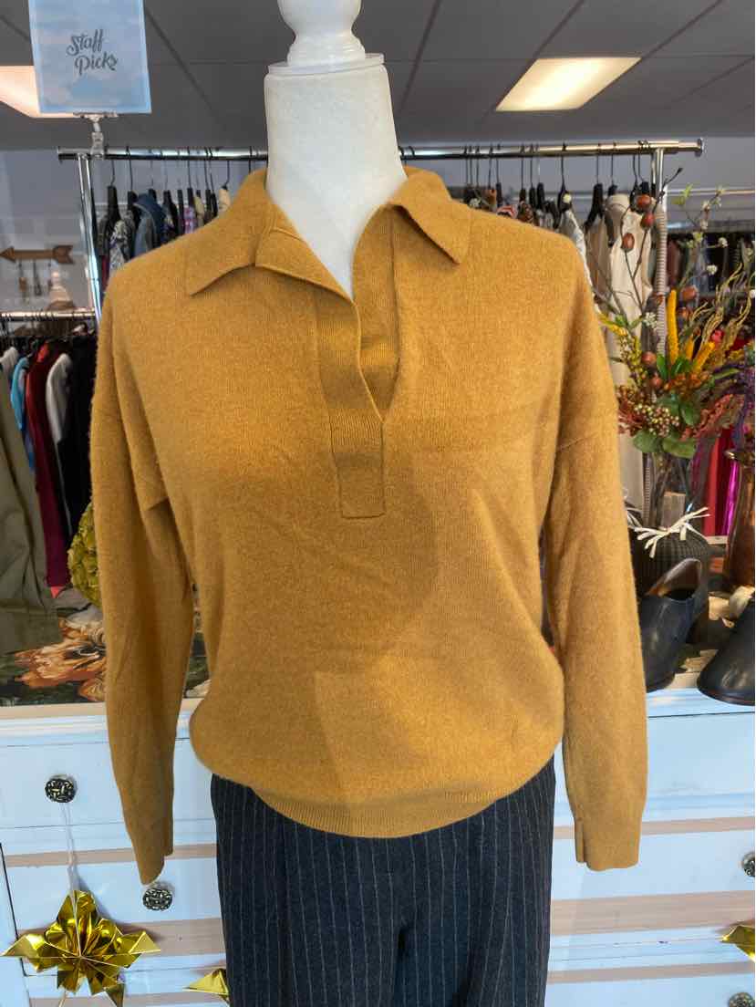 Golden mustard long-sleeve knit sweater with collar and front placket, medium size.