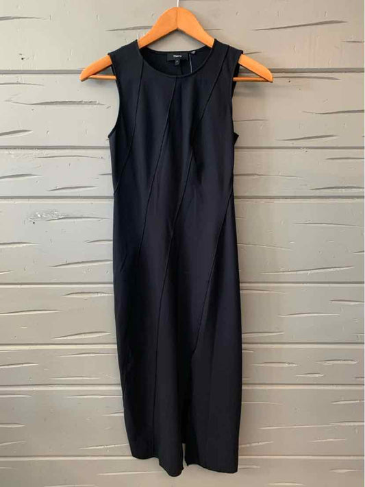 Sleeveless black midi dress with round neckline and subtle seam detailing.
