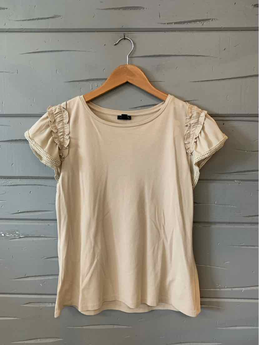 Beige short-sleeve blouse with ruffled sleeve details, round neckline, size medium.