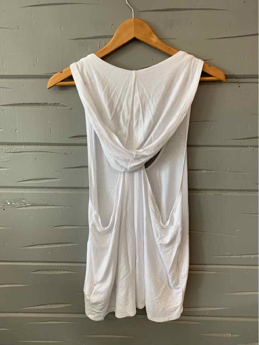 White sleeveless hooded tank top with draped back and relaxed fit on wooden hanger.