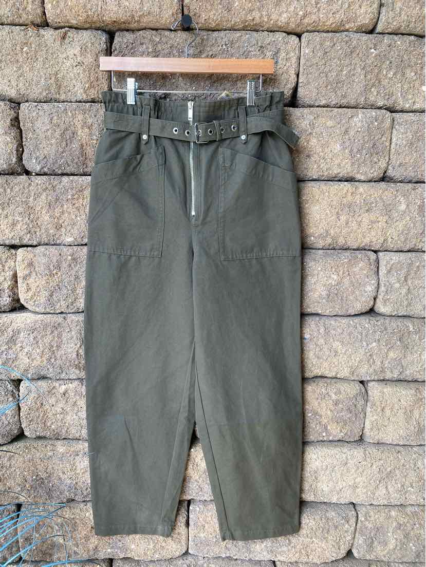 Olive green midi skirt with front zipper and matching fabric belt, structured fit.