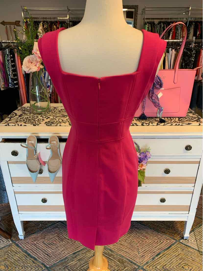 Sleeveless hot pink fitted dress with square neckline and back zipper closure on mannequin.