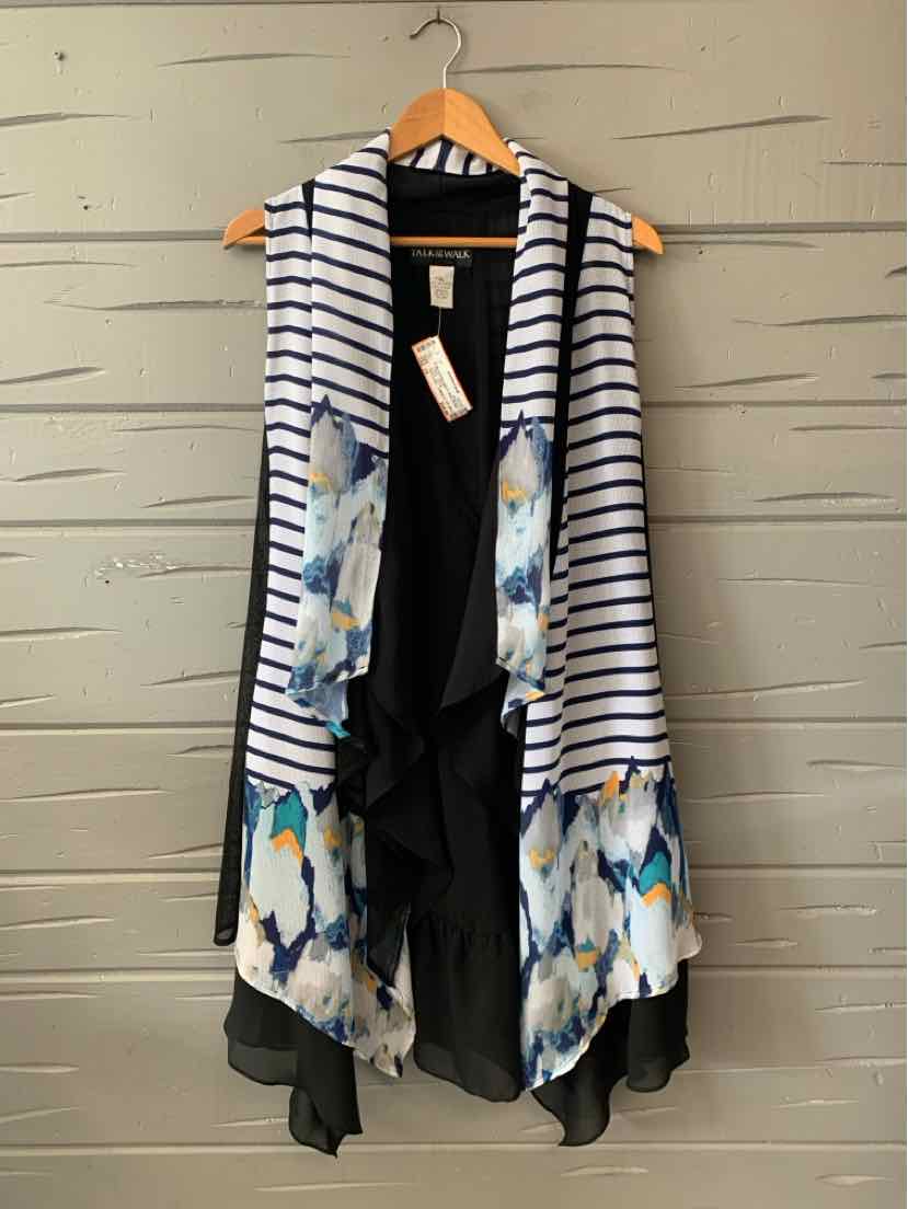 Sleeveless open-front vest with black and white stripes, floral side panels, and asymmetrical black hem in size 1X.