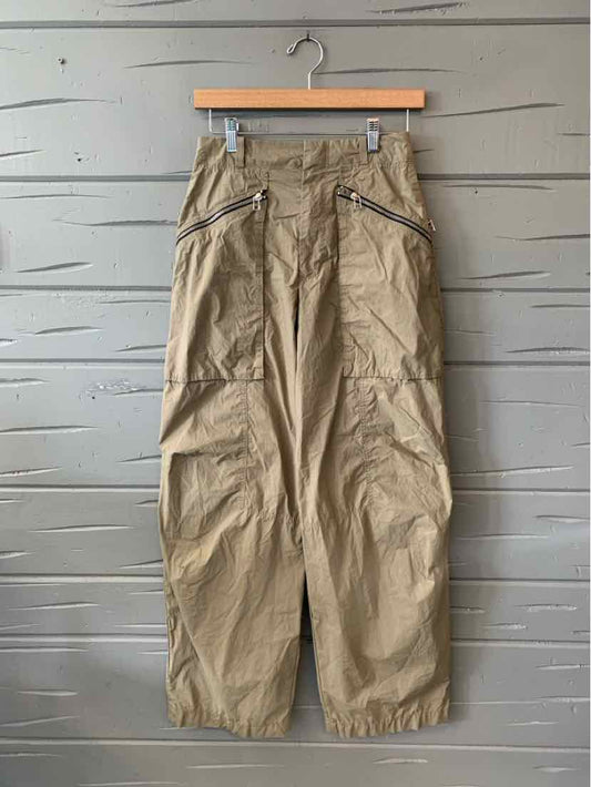 Beige high-waist cargo pants with elastic cuffs and zipper pockets, lightweight fabric, size XS.