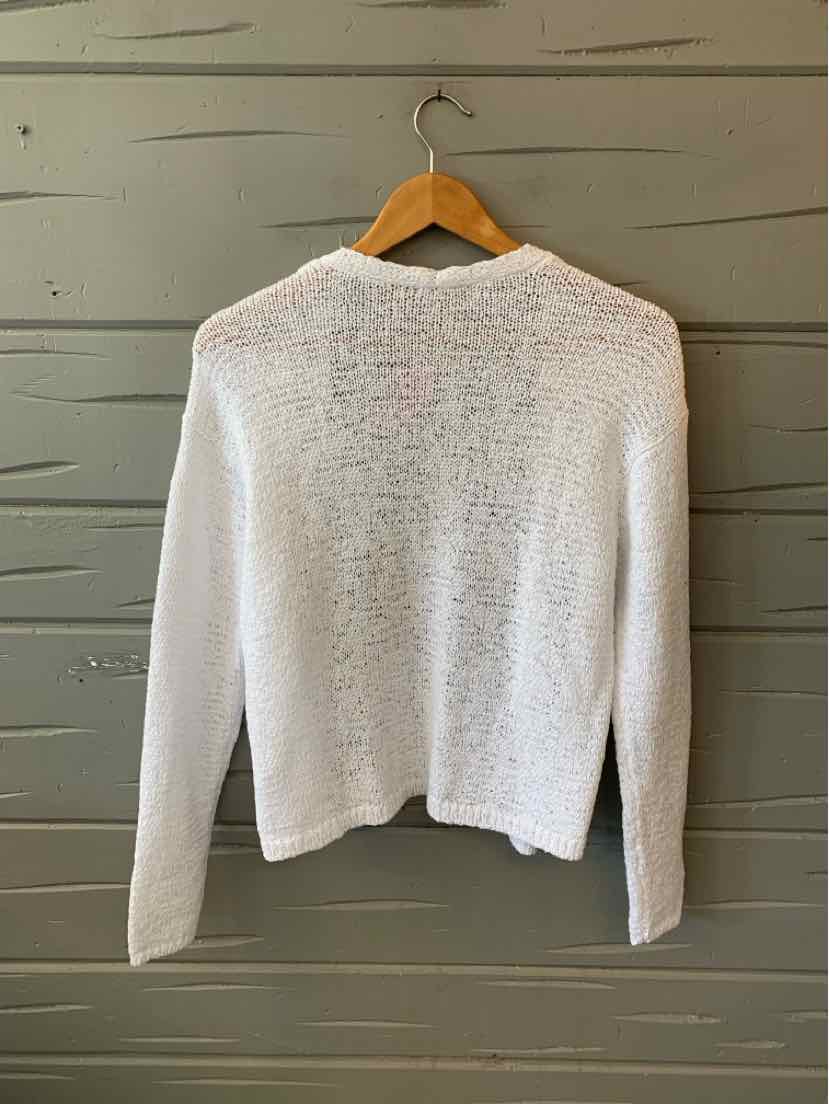 White lightweight knit sweater with long sleeves and a crew neckline, shown from the back.