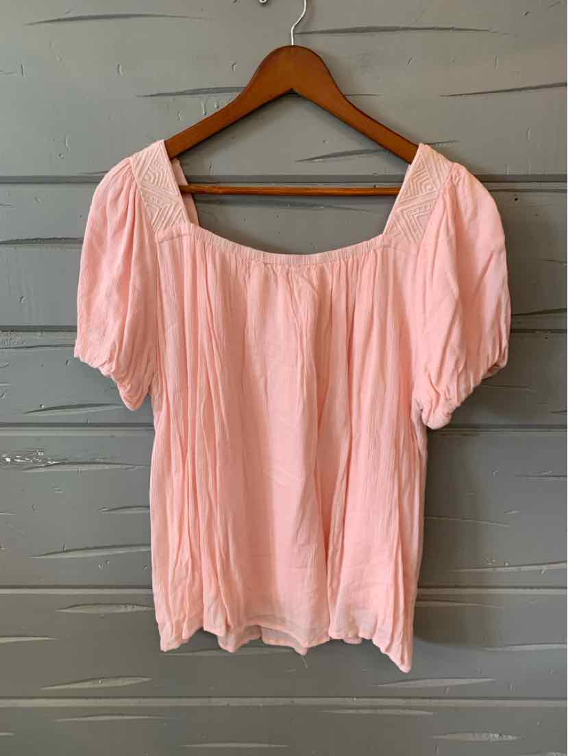 Light pink short-sleeve blouse with square neckline and subtle pleats, size large.