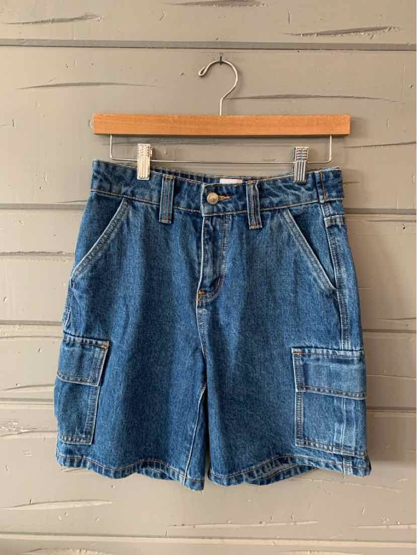 Blue denim shorts with a high waist, belt loops, front and side pockets, and a relaxed fit.