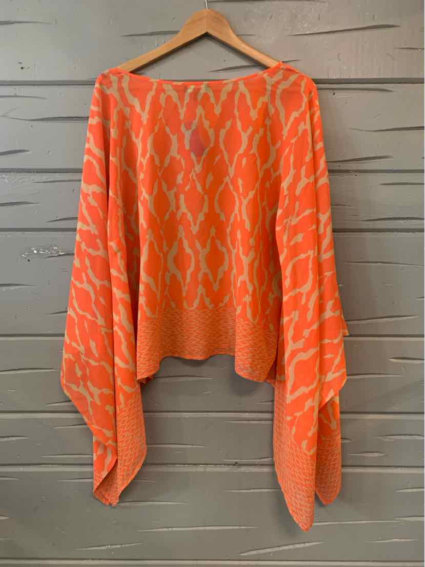 Orange knit sweater with beige animal print and asymmetrical hem, size medium.