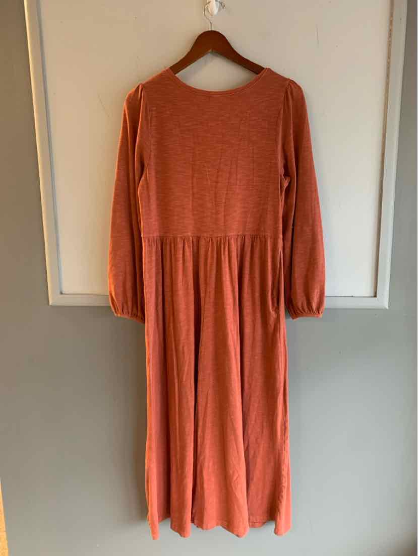 Long-sleeve rust-orange knit dress with fitted bodice and gathered skirt on wooden hanger.
