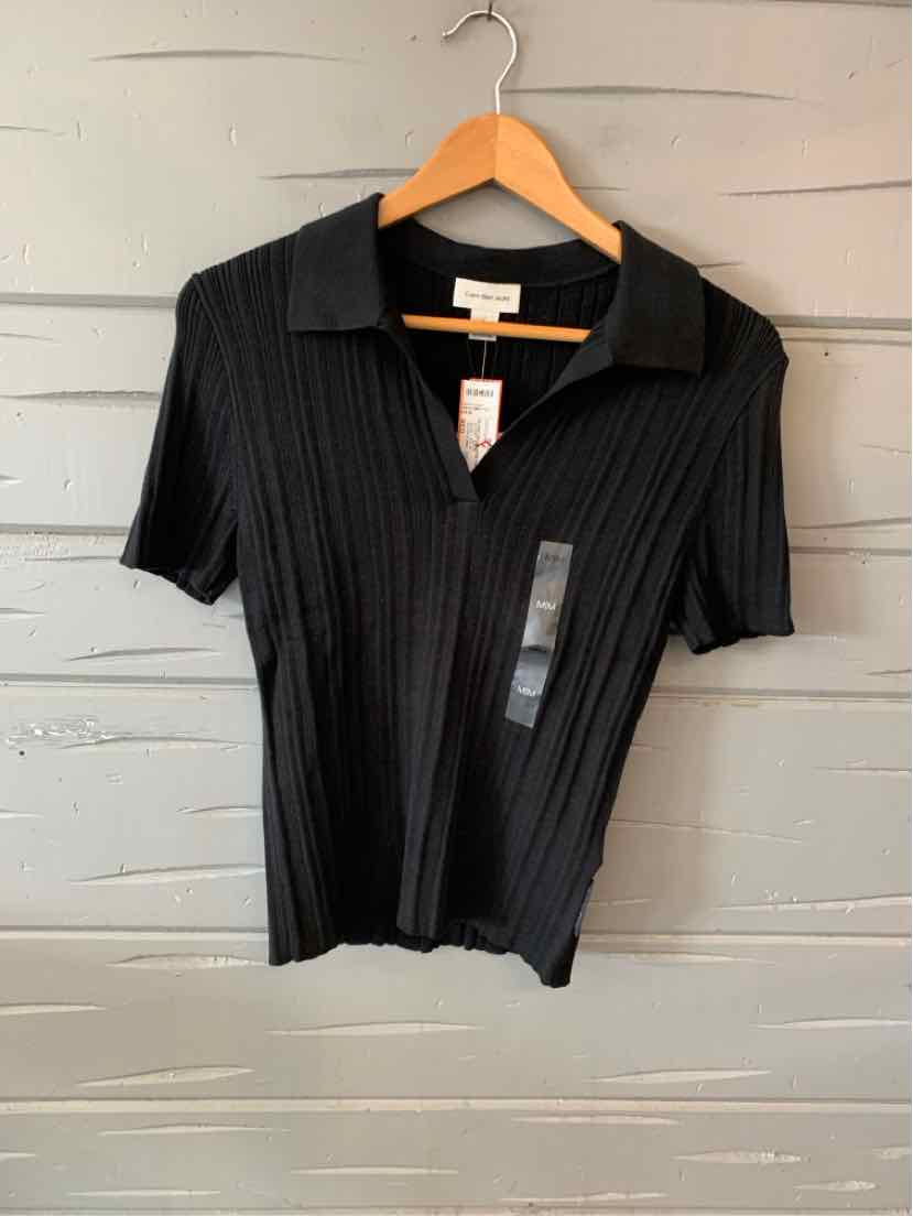 Black ribbed short-sleeve polo shirt with collar, medium size, lightweight fabric.