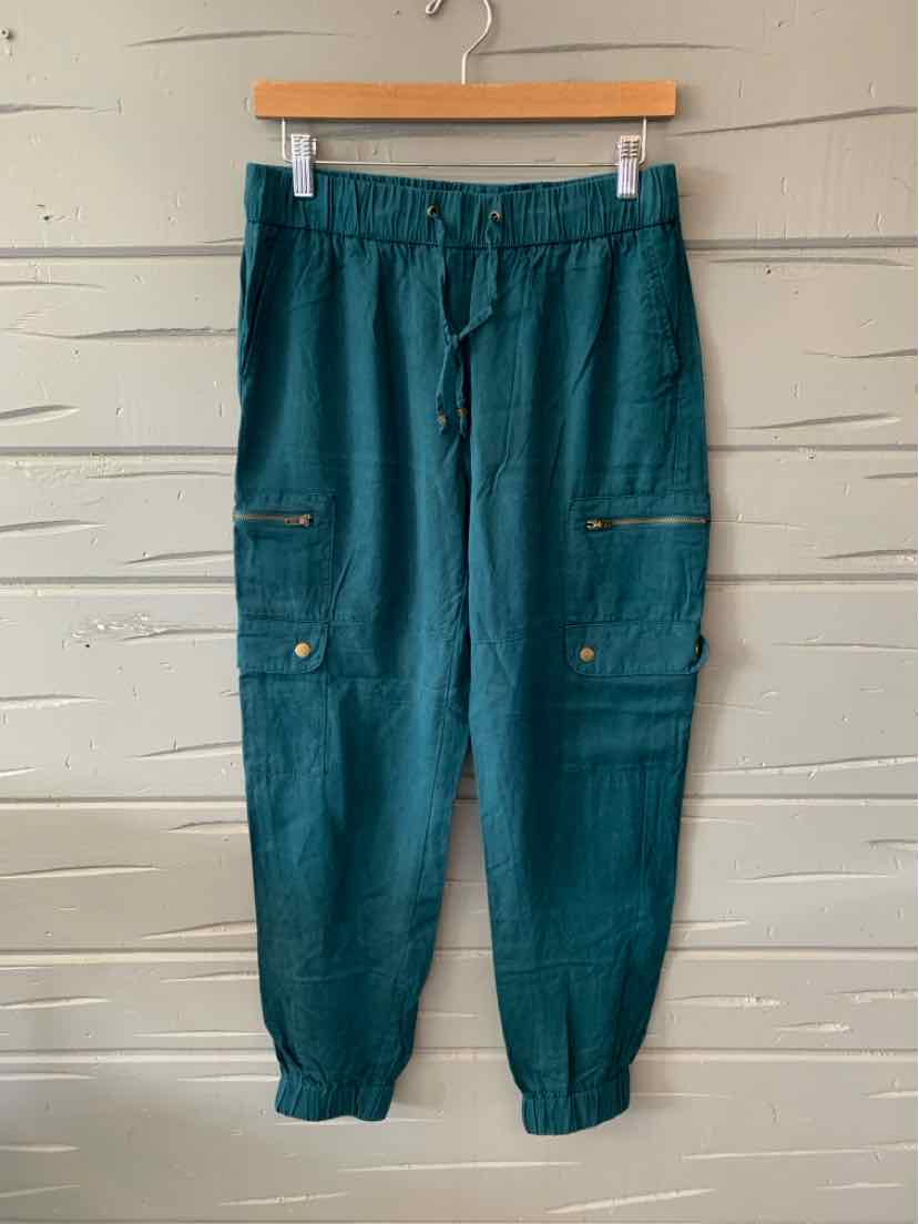 Teal jogger pants with elastic waistband, drawstring, side zip pockets, and cuffed ankles.