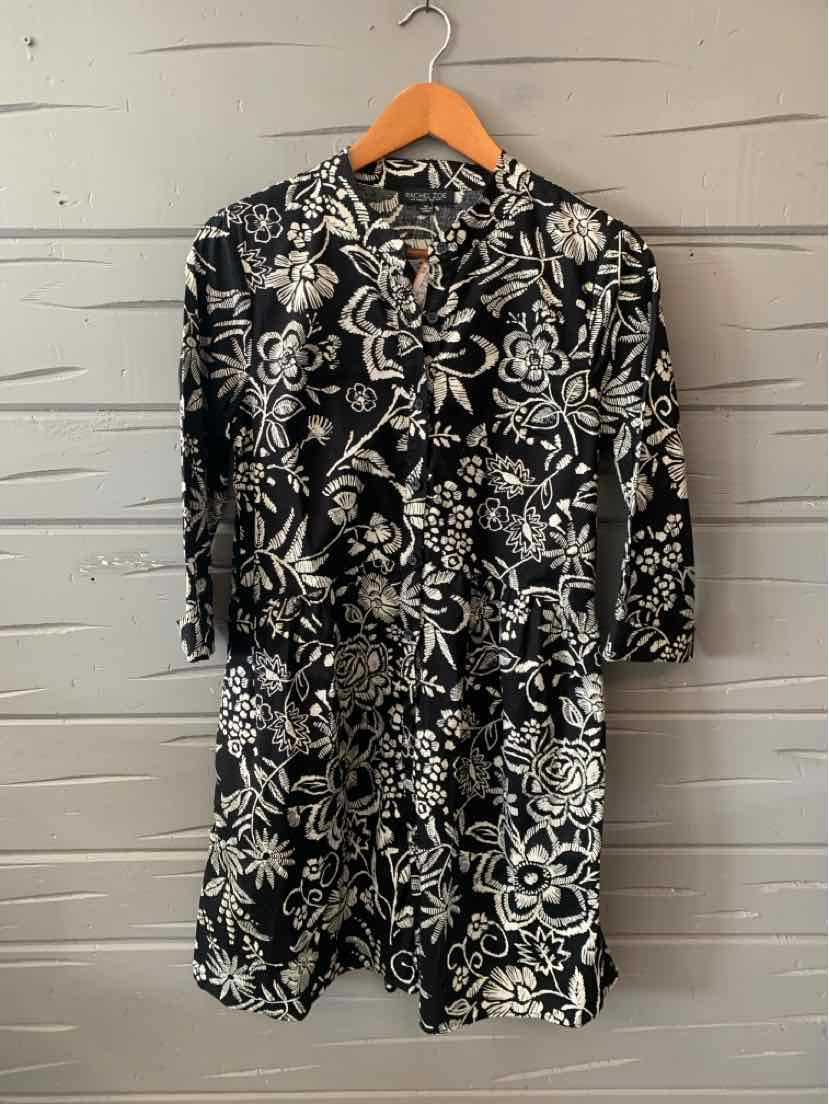Black floral long-sleeve dress with white botanical print and a collar in size XS.