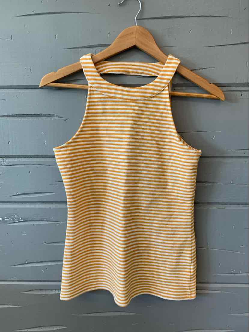 Yellow and white striped sleeveless tank top in size XS on wooden hanger.