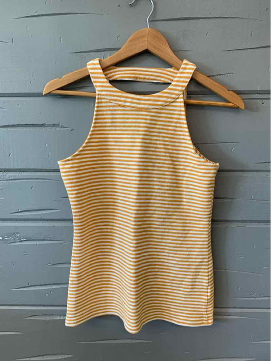 Yellow and white striped sleeveless tank top in size XS on wooden hanger.